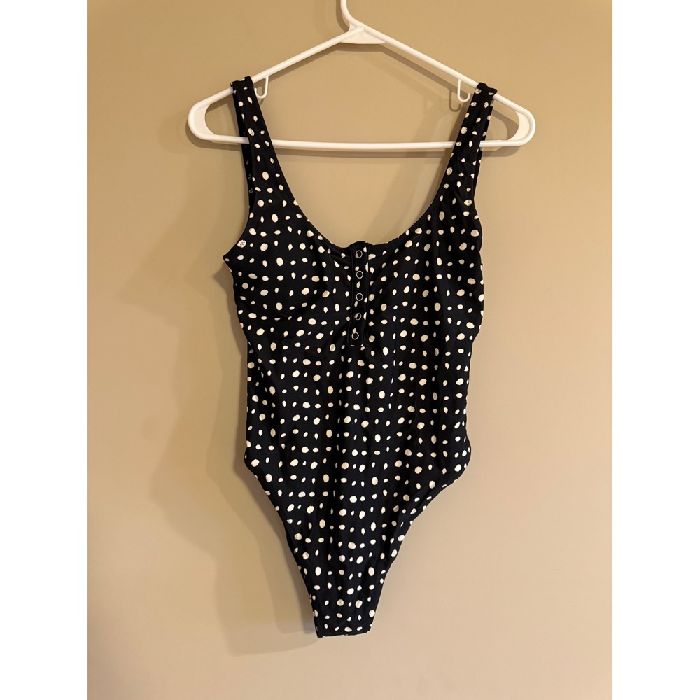 Aerie Polka Dot Henley One Piece Swimsuit Black White Scoop Neck High Cut Medium